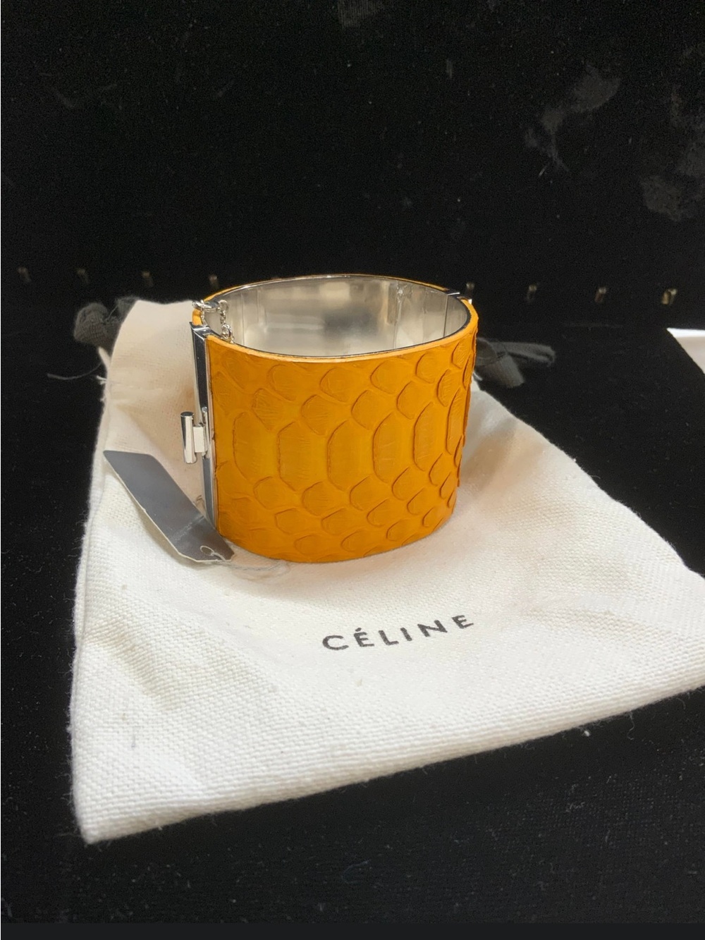 CELINE Vintage Python Textured Leather Hinge Cuff Bracelet - Orange/Silver